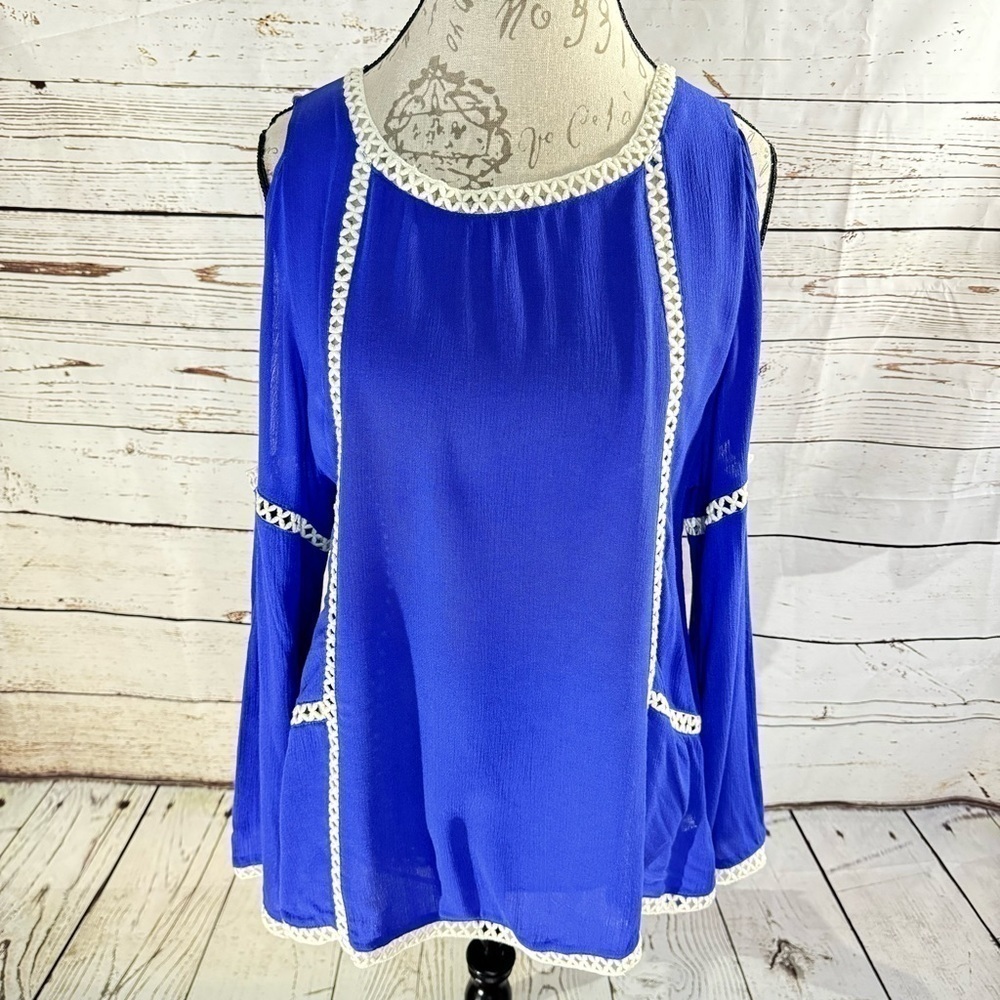 Umgee Cobalt Blue Cold-Shoulder Blouse with White Crochet Trim